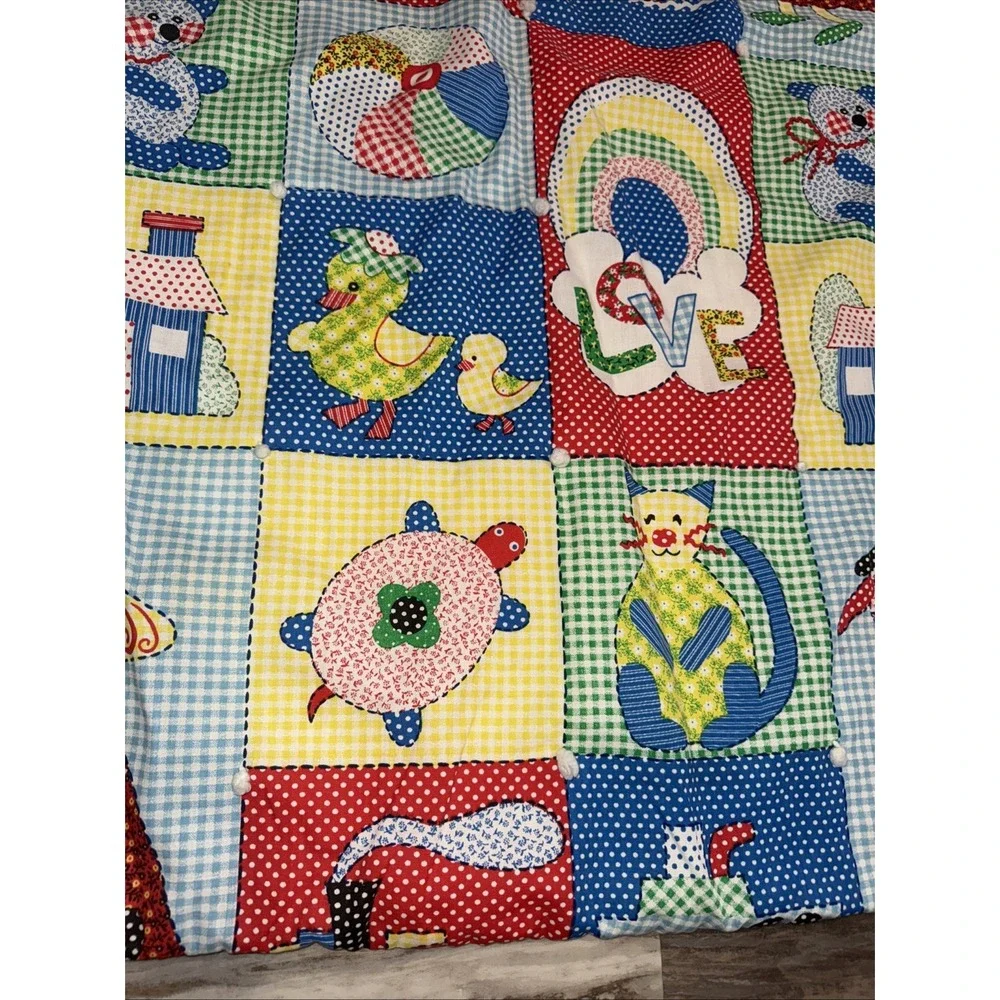 Vintage 70's Baby Child Quilt Blanket Primary Colors Train Kitten Ducks Turtle